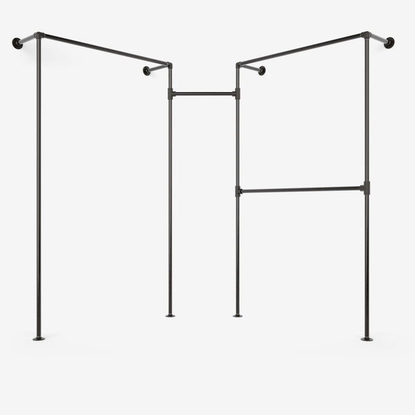 Corner clothes rack with two rows made with dark pipes