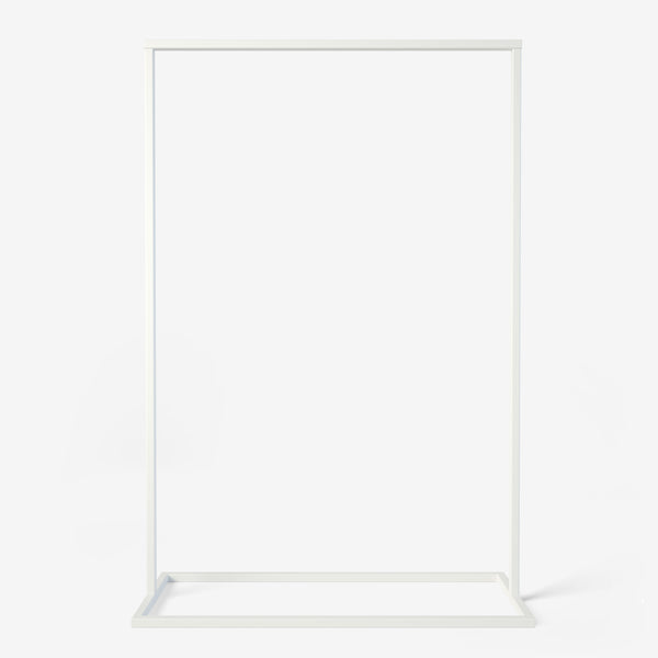 Free standing white clothing rack made from square metal pipes