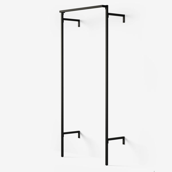 Clothes rack with one hanger rod in black powder coating.