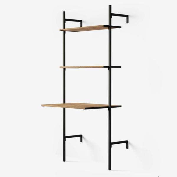 Shelving solution with two shelves and desk in black powder-coated frame and two classic oak shelves