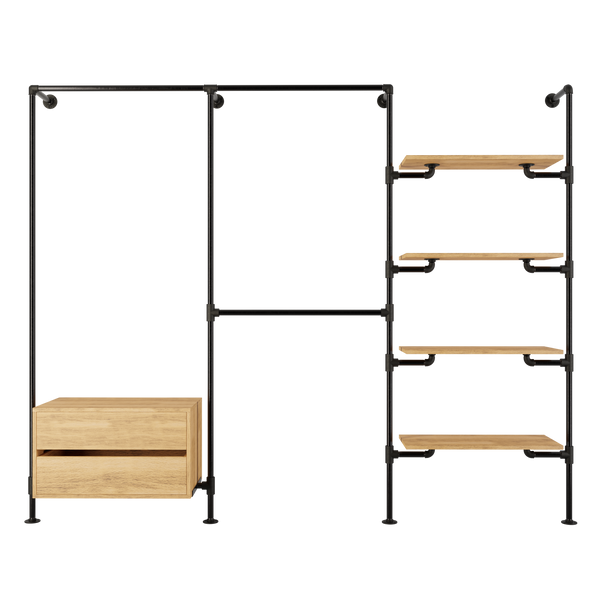 Walk-in wardrobe in three rows with one dresser, three rails and four shelves made with dark pipes and classic oak