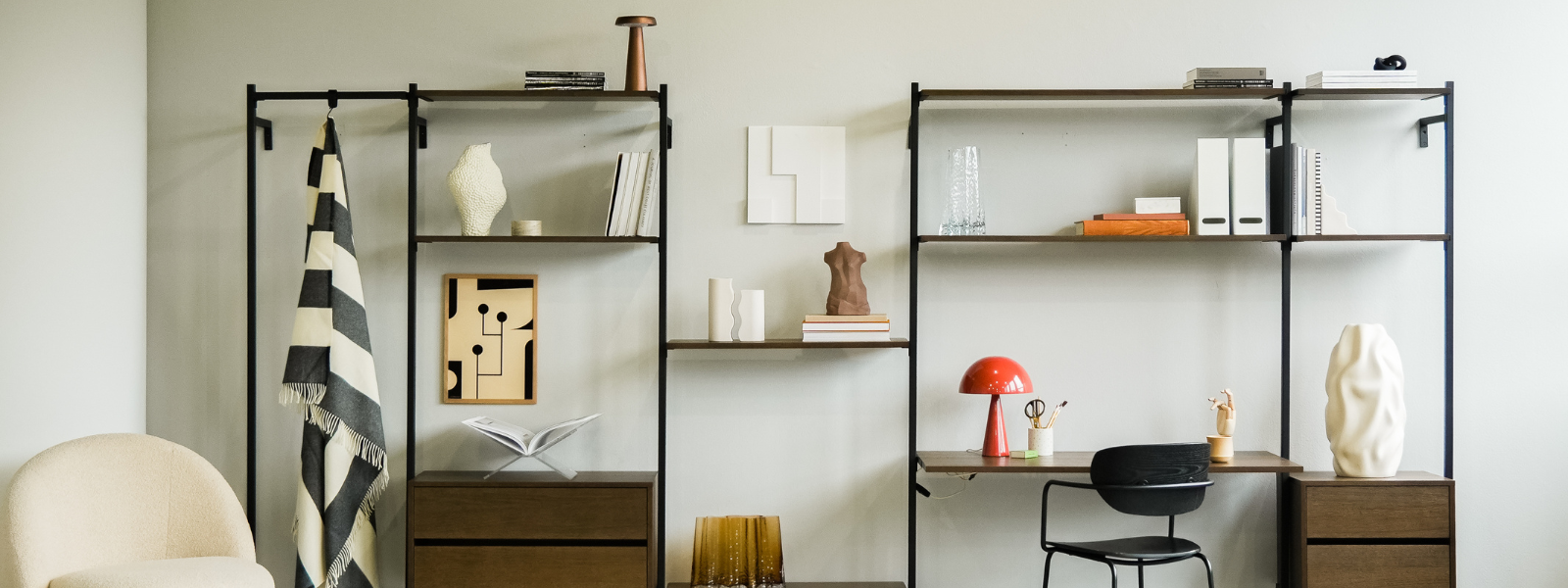 With clothes rail + shelves + desk