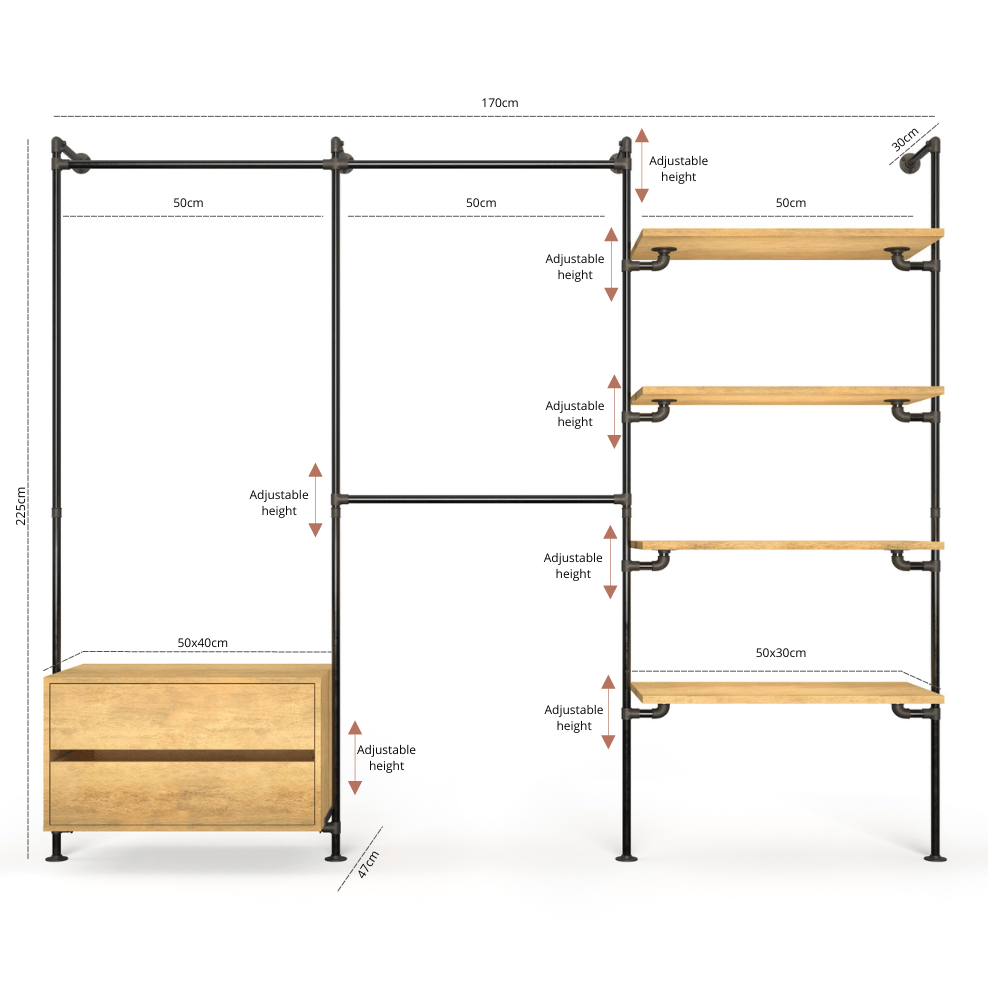 Hellgrauer Hintergrund mit Skizze eines modularen Regals aus Holz und schwarzem Metallgestell mit Maßen und verstellbaren Höhenangaben
