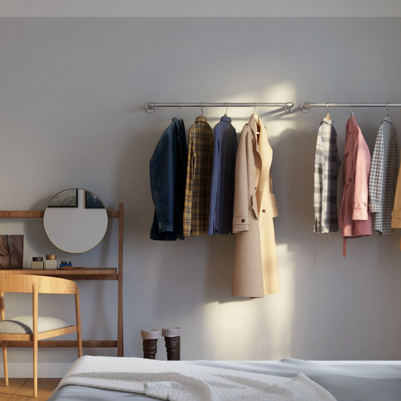 Open wardrobe system made from wall mounted galvanized water pipes industrial design