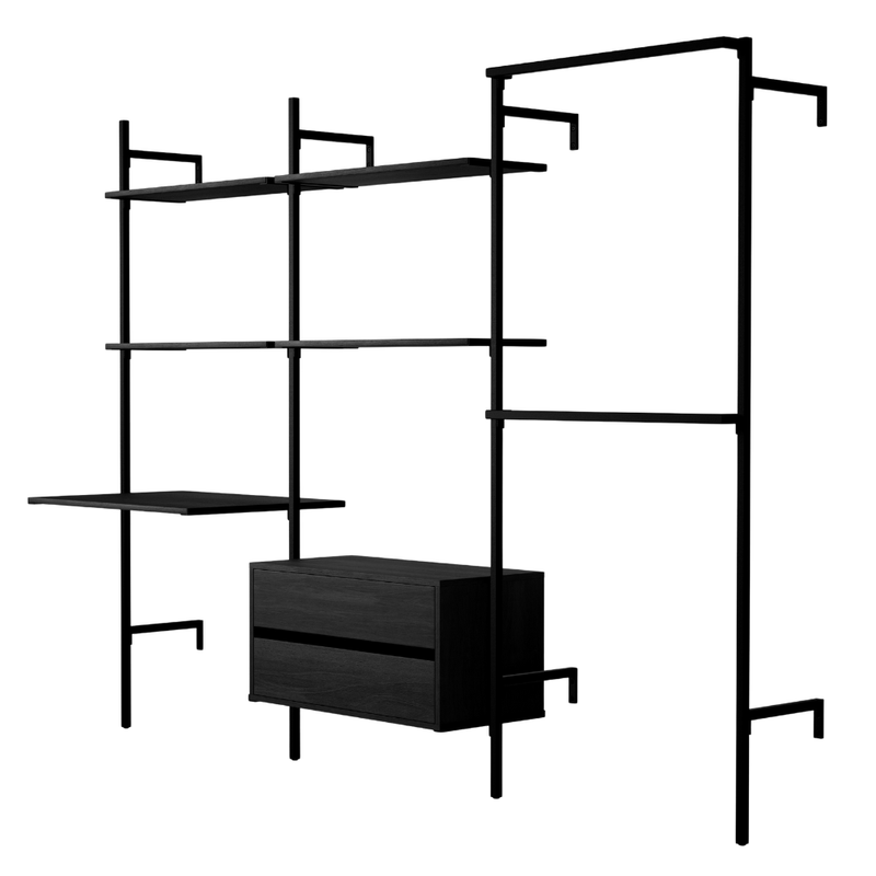 Frame Walk-In 3 Reihen Kleiderstangensystem - ( 2 Regale + 1 Tisch / 2 Regale + 1 Kommode / 2 Kleiderstangen) in schwarzem Metallrahmen mit Holzelementen