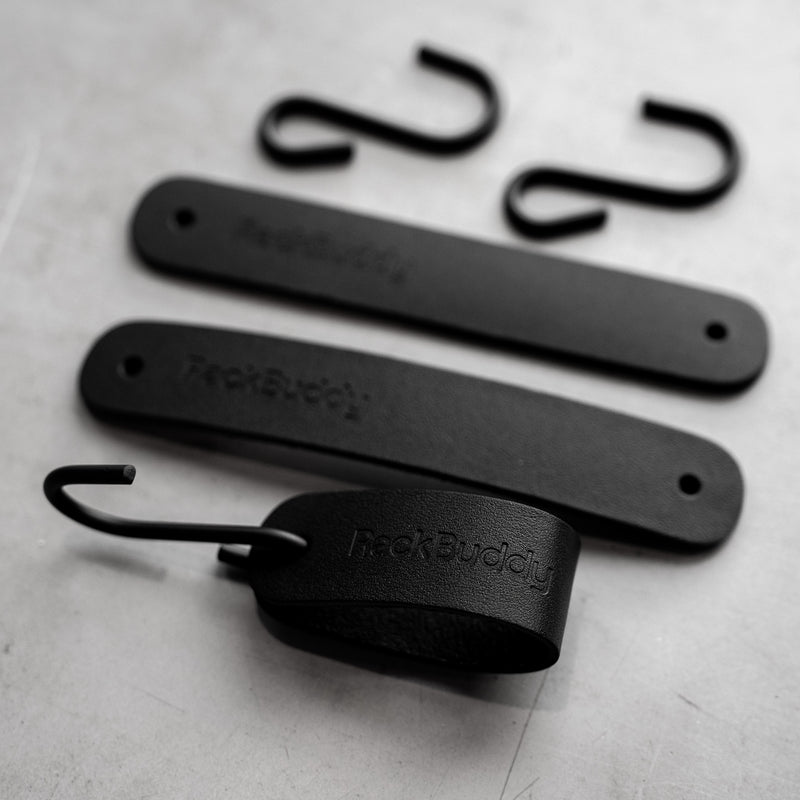Black s-hooks with black leather straps