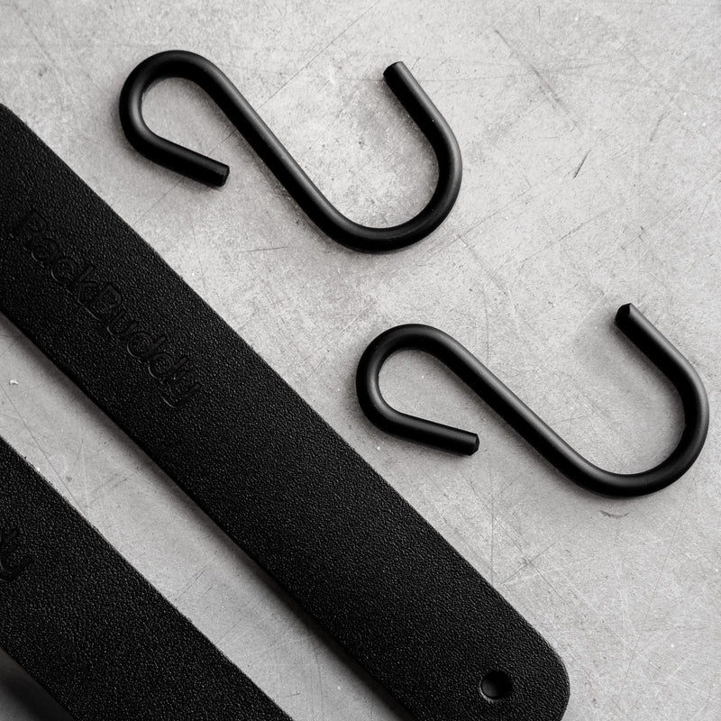 Black s-hooks with black leather straps