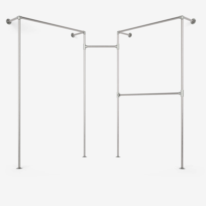 Corner clothes rack with two rows made with silver pipes