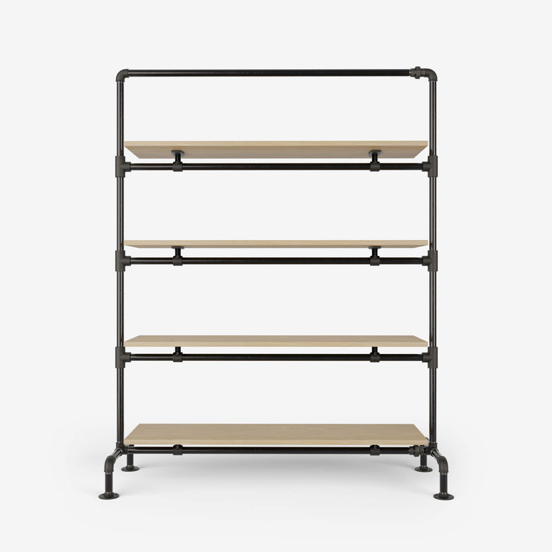 Clothes rack with shelves made of dark pipes and classic oak