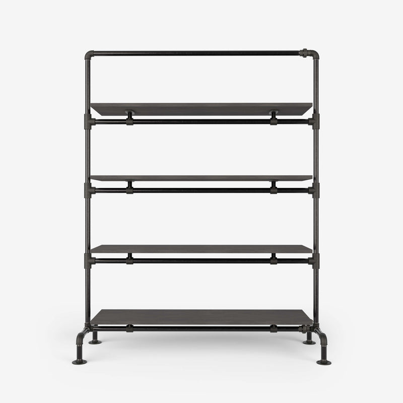Clothes rack with shelves made of dark pipes and dark pine
