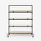 Clothes rack with shelves made of dark pipes and light pine
