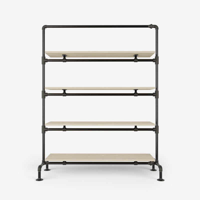 Clothes rack with shelves made of dark pipes and light pine