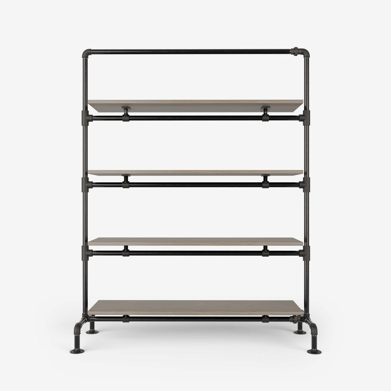 Clothes rack with shelves made of dark pipes and smoked oak