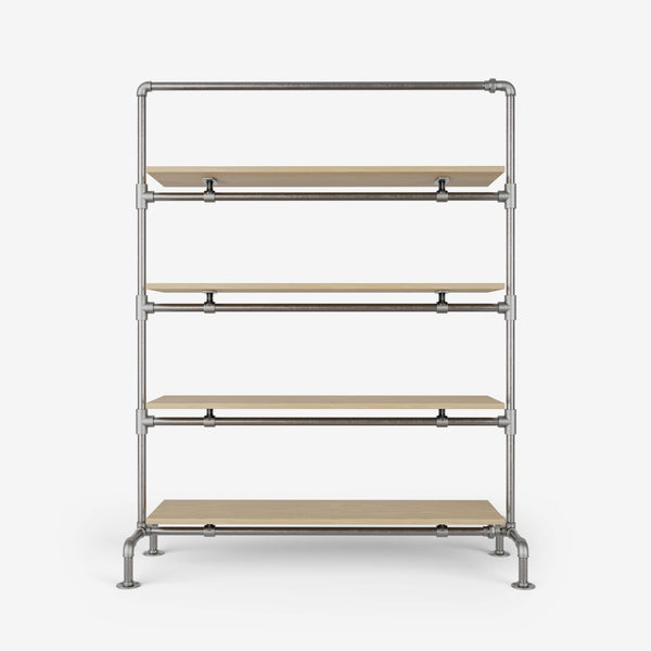 Clothes rack with shelves made of silver pipes and classic oak