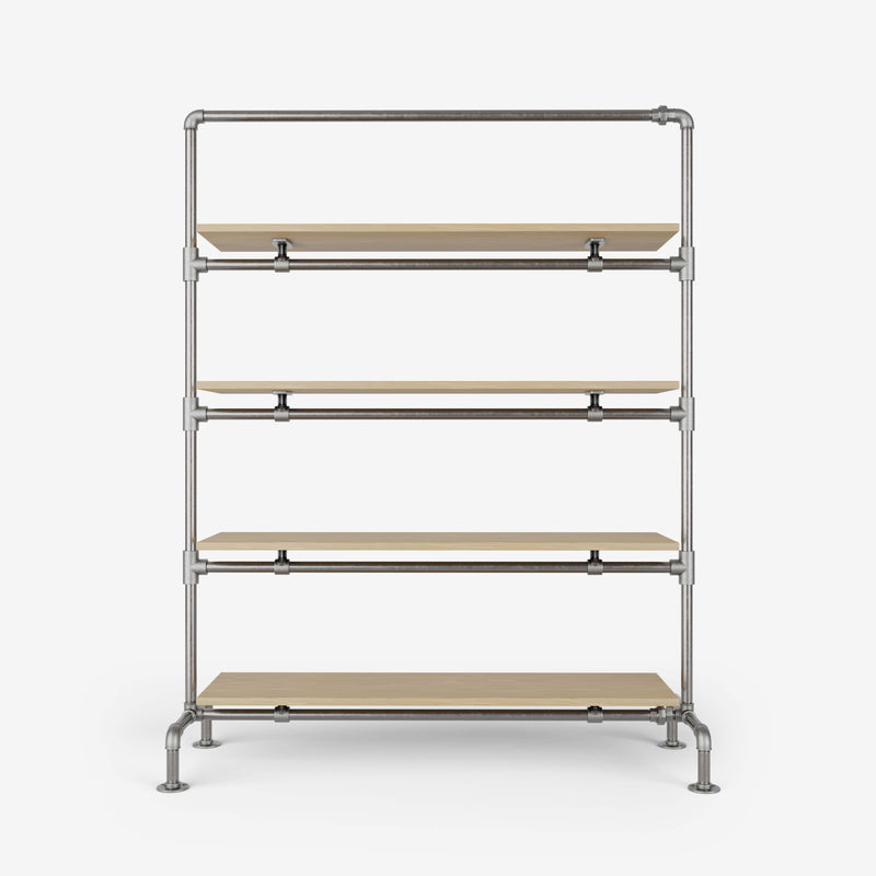 Clothes rack with shelves made of silver pipes and classic oak