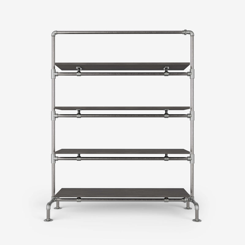 Clothes rack with shelves made of silver pipes and dark pine