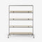 Clothes rack with shelves made of silver pipes and light pine