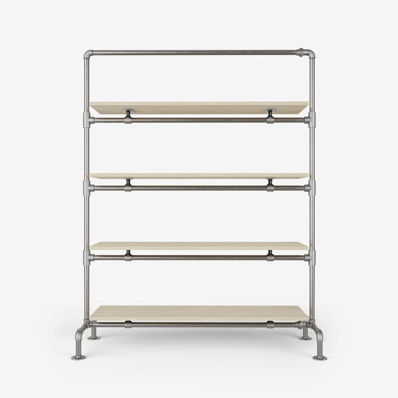 Clothes rack with shelves made of silver pipes and light pine