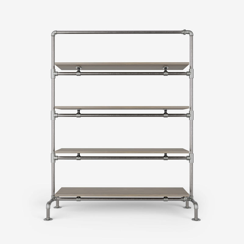 Clothes rack with shelves made of silver pipes and smoked oak
