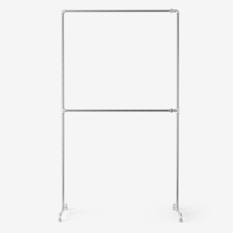 Free standing clothes rack with two levels in silver pipes