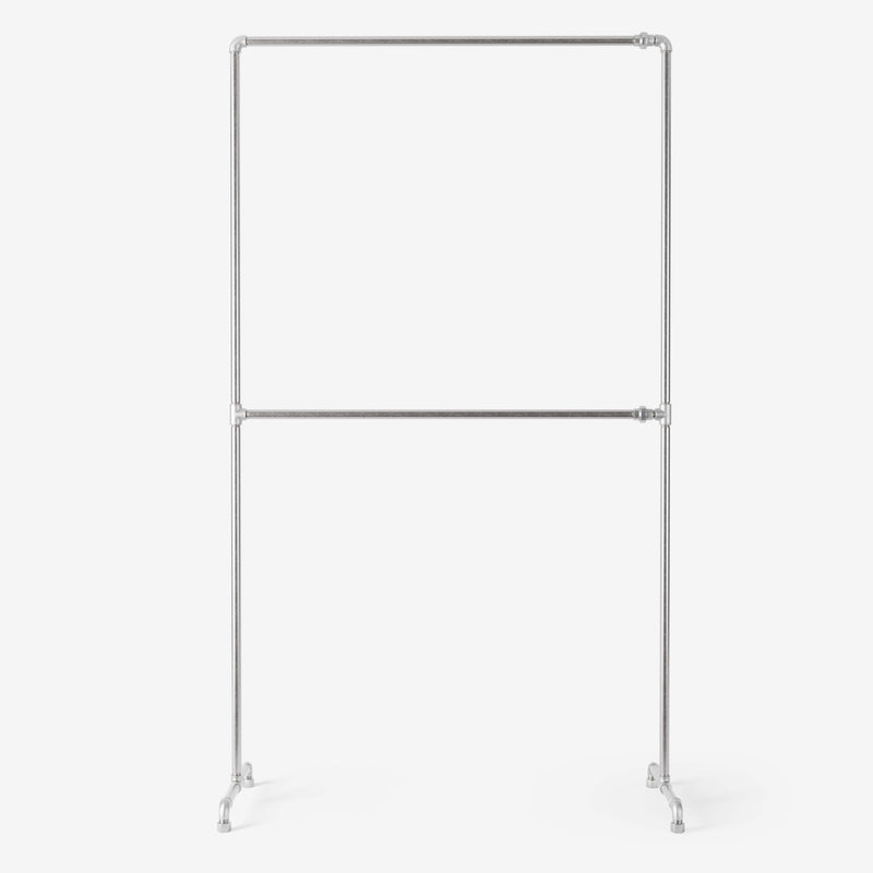 Free standing clothes rack with two levels in silver pipes