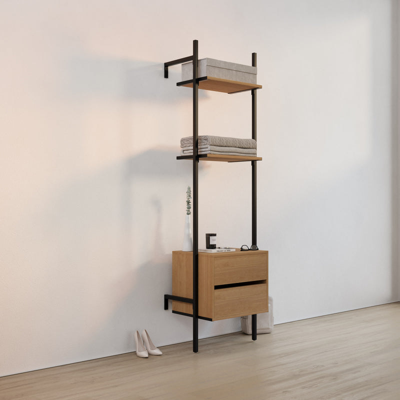 Frame walk-In 1 row wardrobe system with dresser - (2 shelves + 1 dresser)