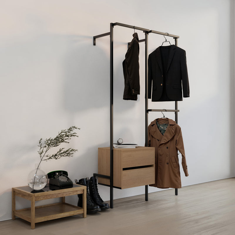 Frame walk-In 2 row wardrobe system with dresser - (1 rail + 1 dresser / 2 rails)