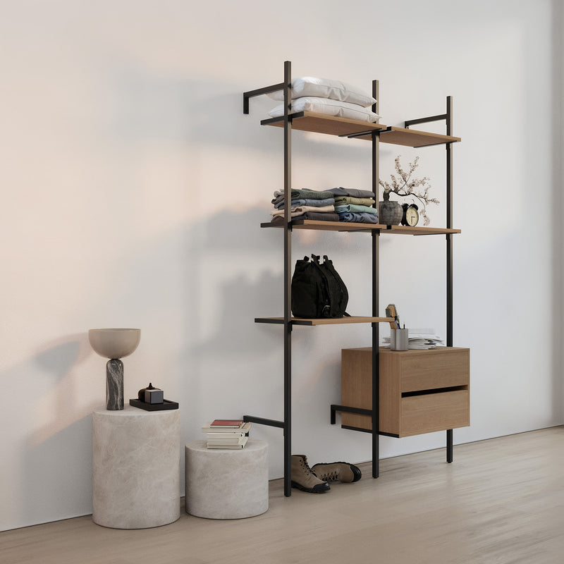 Frame walk-In 2 row wardrobe system with desk & dresser - (1 desk + 2 shelves / 1 dresser + 2 shelves)
