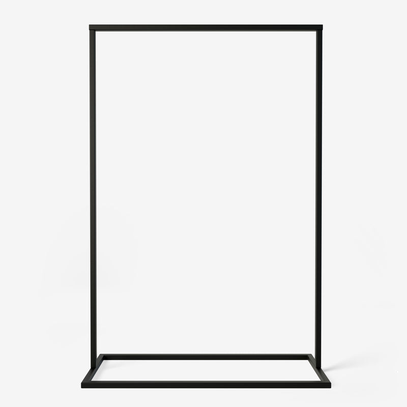 Free standing black clothing rack made from square metal pipes