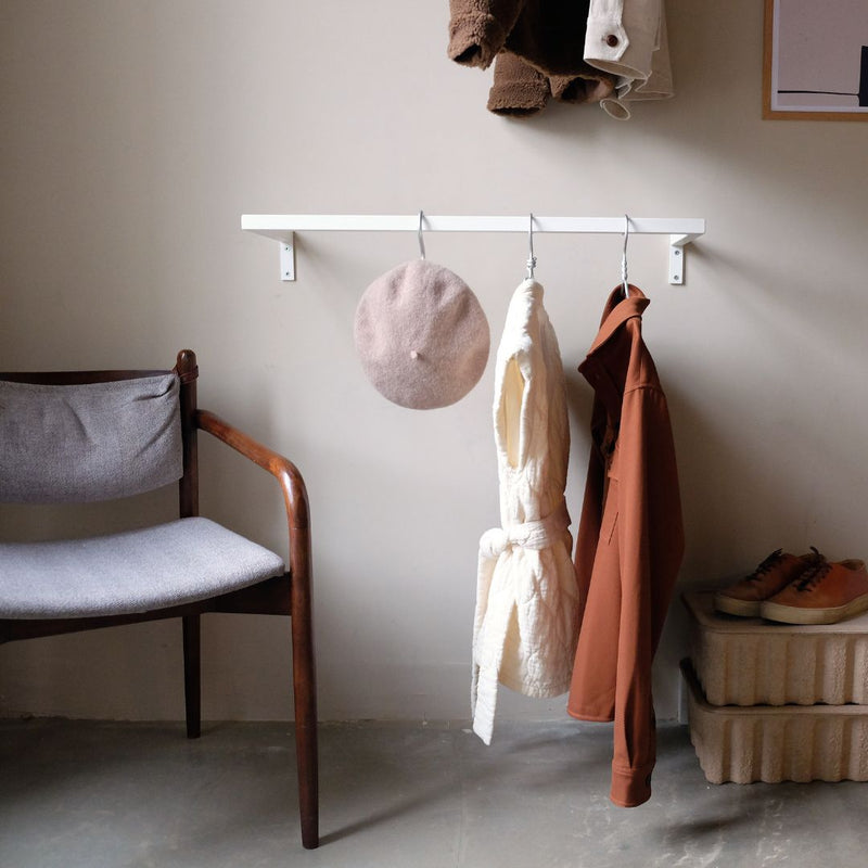 Wall mounted clothes rail for entrance to hang jackets and hats with hooks and hangers white