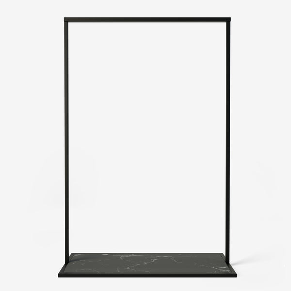 Free standing black clothing rack made from square metal pipes with black bottom plate in marble look