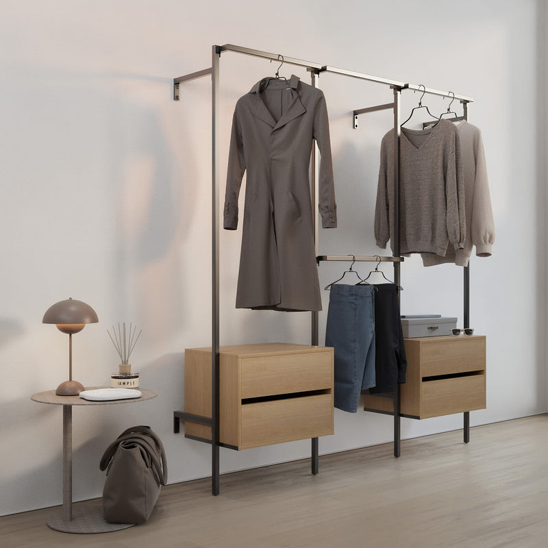 Frame walk-In 3 row wardrobe system with dresser - (1 rail + 1 dresser / 2 rails / 1 rail + 1 dresser)