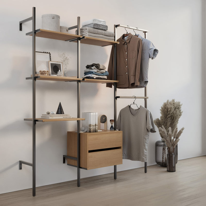 Frame walk-In 3 row wardrobe system with desk & dresser - (1 desk + 2 shelves / 1 dresser + 2 shelves / 2 rails)