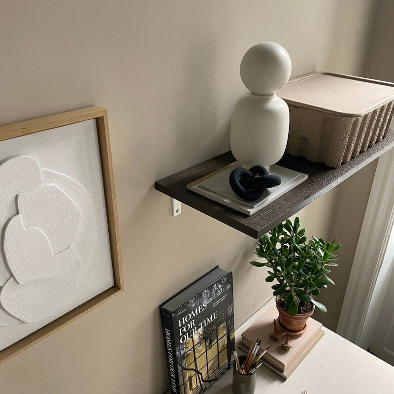 interior decorations with modern wall mounted shelves floating made with smoked oak and white supports