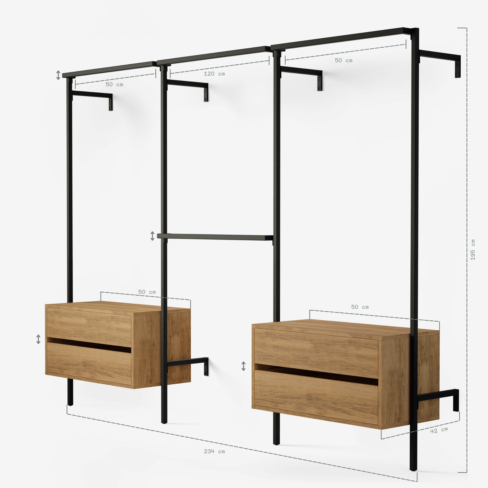 Dresser Rails Frame walk-In 3 row wardrobe system with dresser - (1 rail + 1 dresser