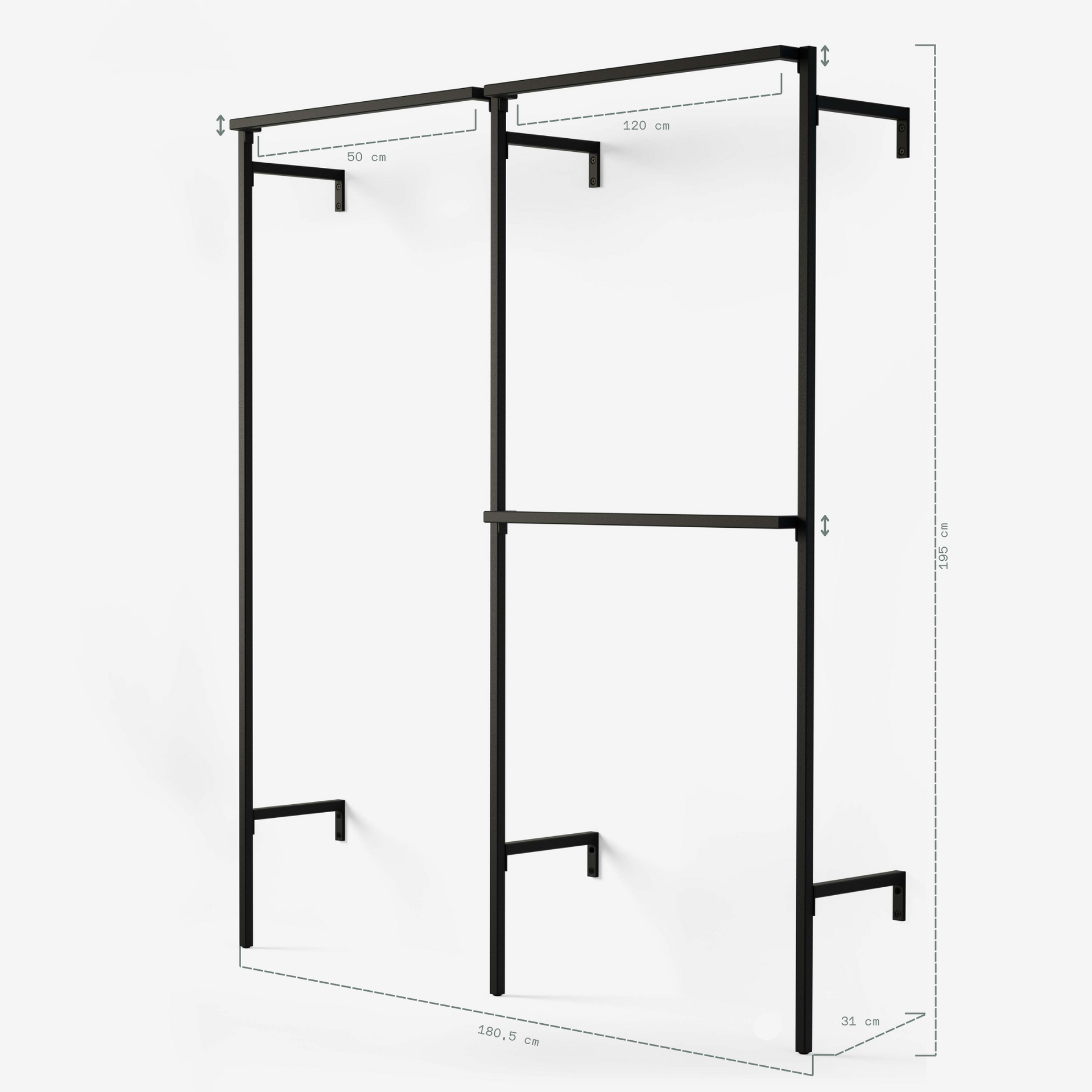 Frame walkIn 2 row wardrobe system (1 rail / 2 rails)