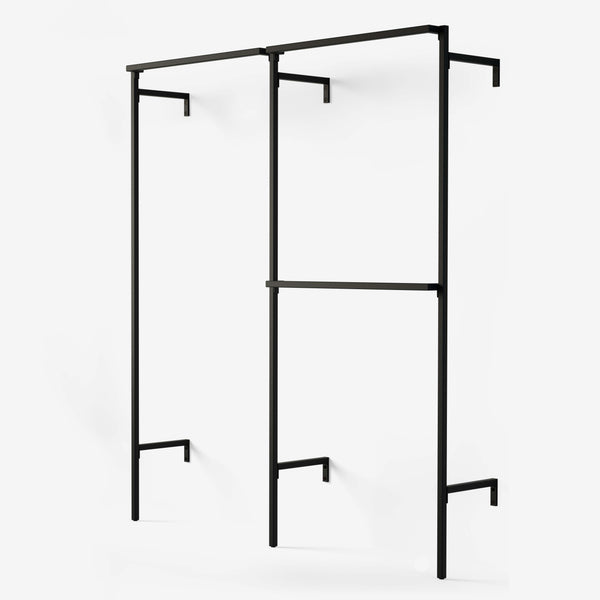 Black clothes rack in 2 rows. one long hanging and one row with double hanging.
