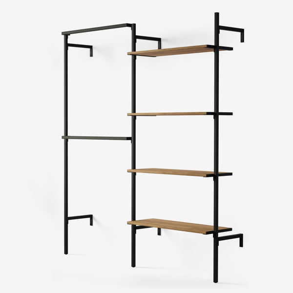 Coat rack in two sections: one section with double hanging rail and one section with four shelves in classic oak veneer
