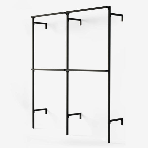 2 rows of clothes racks with double hanger bars on each row. Black powder coating.