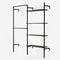 Coat rack in two sections: one section with double hanging rail and one section with four shelves in smoked oak veneer