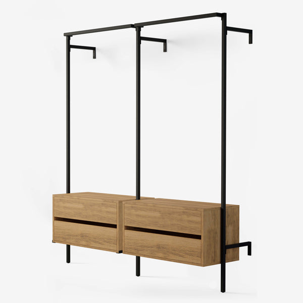 Clothing rack with 2 hanging rails and two dressers in classic oak veneer and black powder-coated pipes.