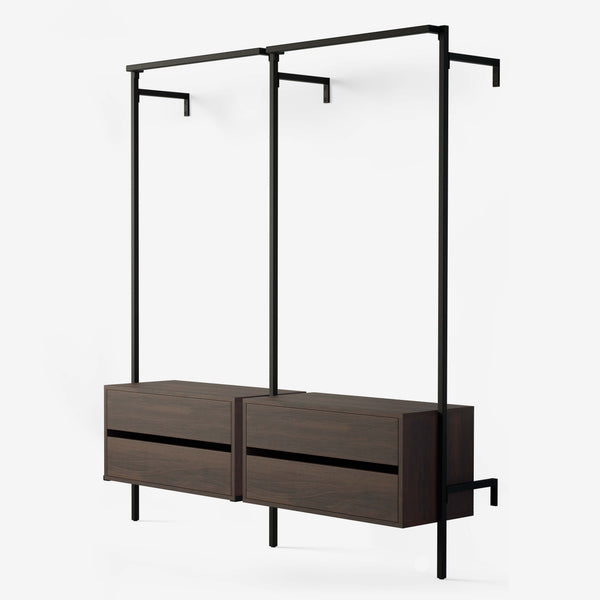 Clothing rack with 2 hanging rails and two dressers in smoked oak veneer and black powder-coated pipes.