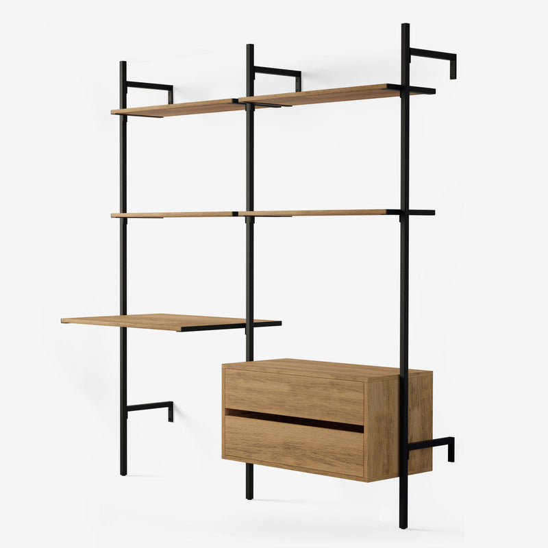 A perfect all-in-one solution with four shelves, the desk and the two dressers. The wood is classic oak veneer and the frame is black powder coated.