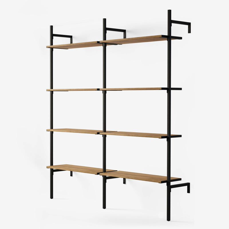 Black powder-coated shelving system with 2 sections, each with four height-adjustable shelves in classic oak veneer