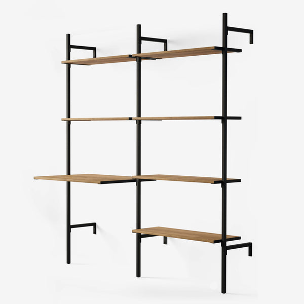 Storage system in black powder-coated metal, with 6 shelves and a desk in classic oak veneer 