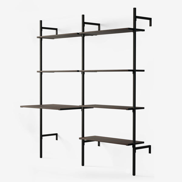Storage system in black powder-coated metal, with 6 shelves and a desk in smoked oak veneer 