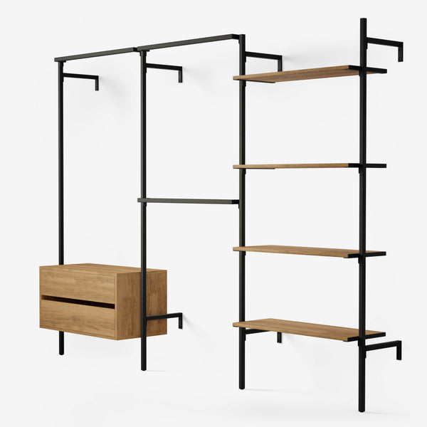 This wardrobe solution features 3 hanging rails, 4 shelves that you can easily adjust in height and a wooden chest of drawers in classic oak veneer with 2 drawers with softclose.
