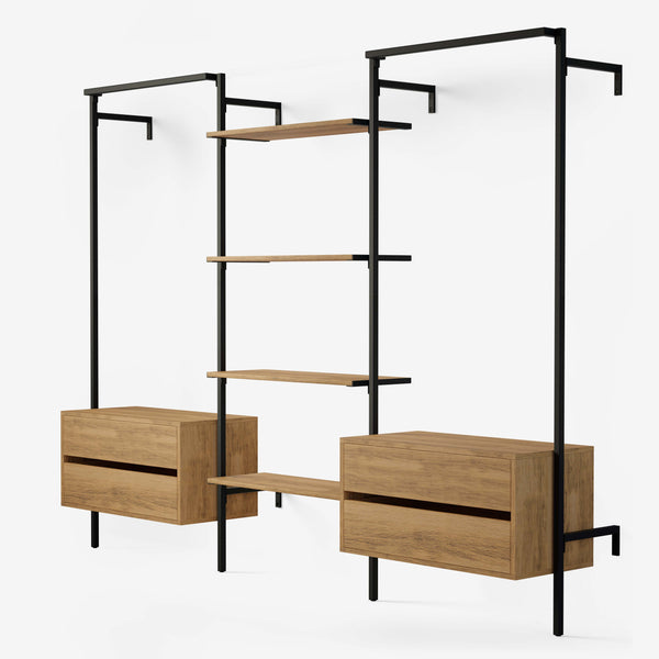 Walk in with two hanging rails in black powder coating, 2 chests of drawers and 4 shelves in classic oak veneer.