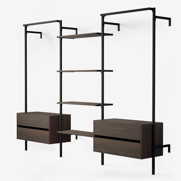 Walk in with two hanging rails in black powder coating, 2 chests of drawers and 4 shelves in smoked oak veneer.