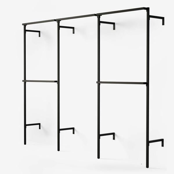 Open wardrobe system in black powder coated frame, with space for all your clothes. The system consists of 3 sections, 2 of which have two double hanging rails and one for long clothes.